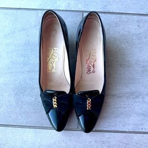 Vintage Salvatore Ferragamo Patent Leather with Suede Bows, Patent Pumps